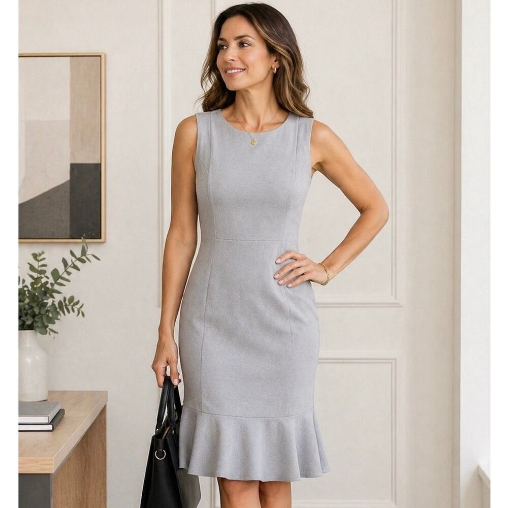 Calvin Klein Gray Sheath Dress Sleeveless Ruffle Hem Career Work Size 14